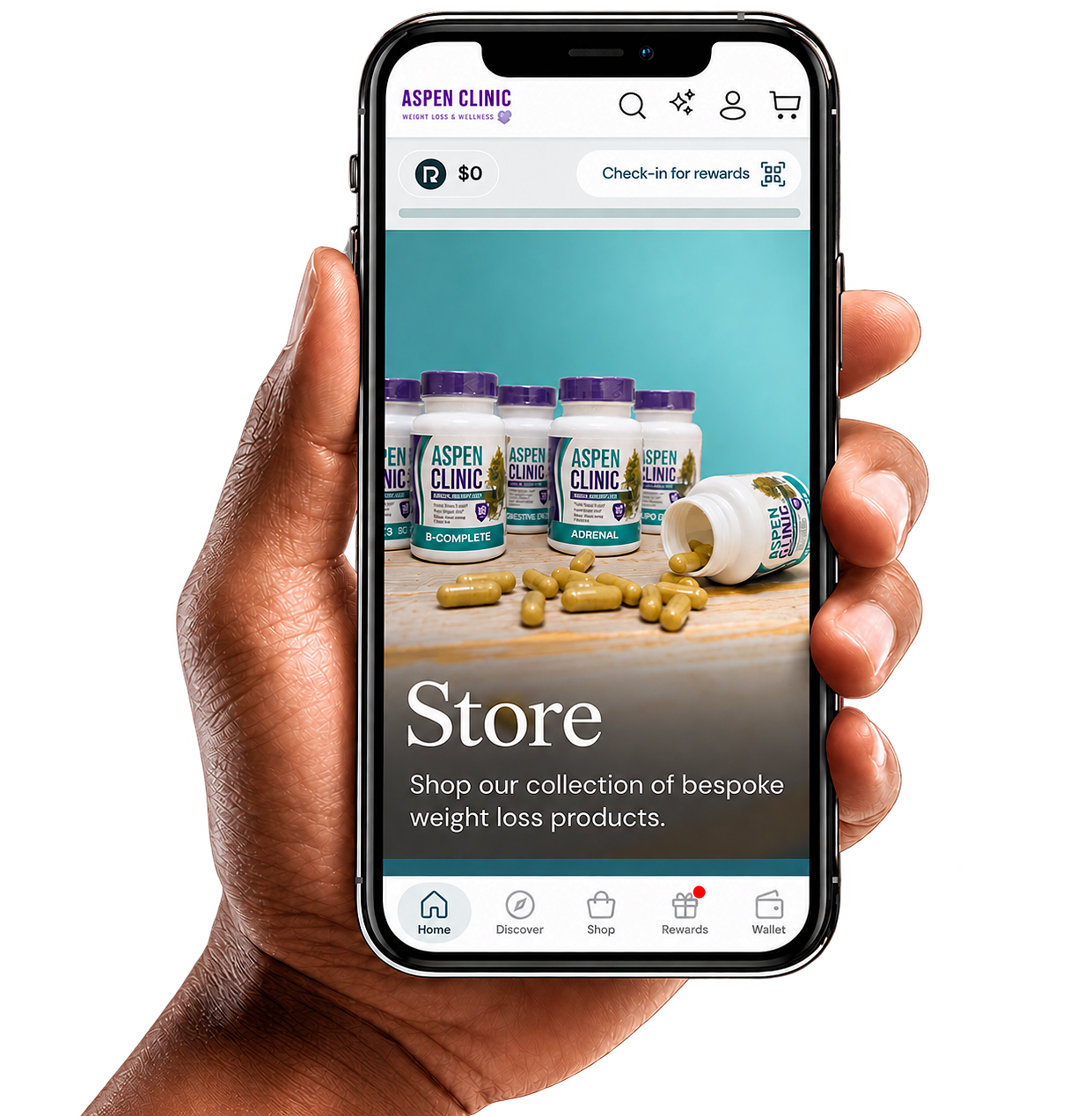 Hand holding phone displaying weight loss products.