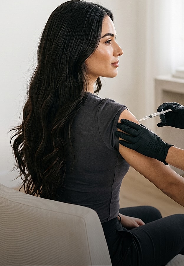 Woman receiving an injection in a medical setting.
